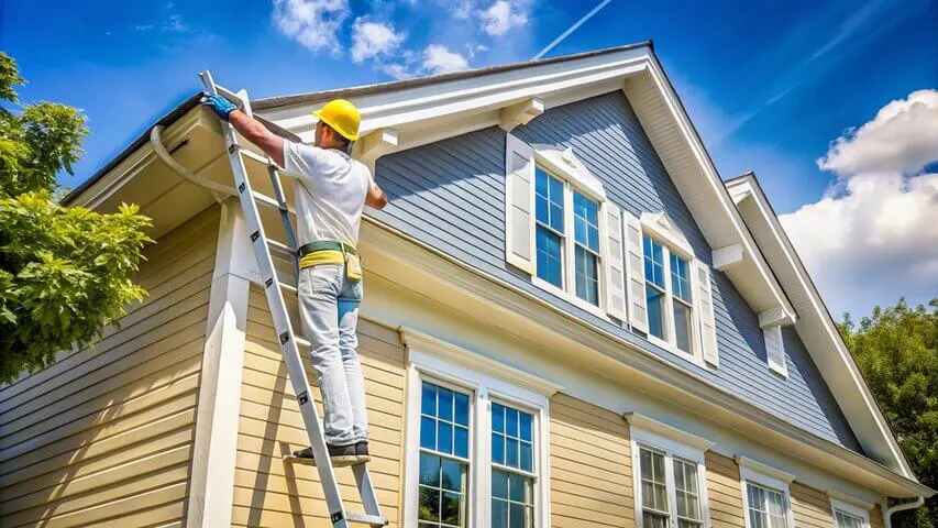 Painter on ladder working on siding to show how long does an exterior painting project take for a single-family home