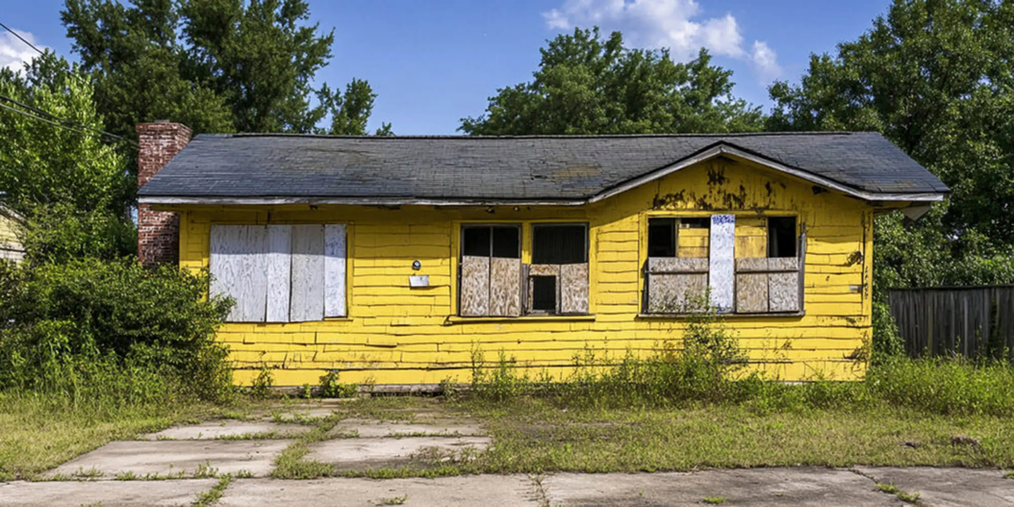 Abandoned Florida home with severely peeling and faded yellow exterior paint, showing the kind of surface damage that causes exterior paint to fade faster on homes in Naples and throughout Southwest Florida.