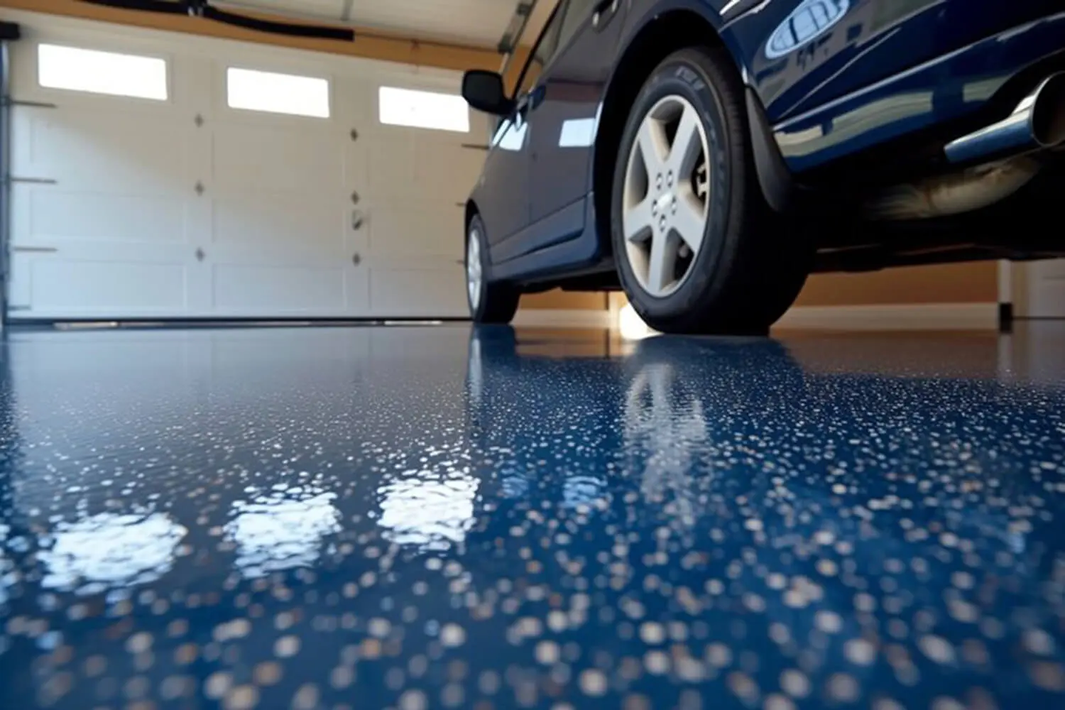 Freshly coated epoxy garage floor in a Fort Myers home with a blue chip finish and parked vehicle, showing how long epoxy garage floors last when professionally installed.