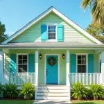 Freshly painted Florida home exterior with light green siding and teal shutters, showing the results of exterior painting in Cape Coral during favorable dry season conditions.