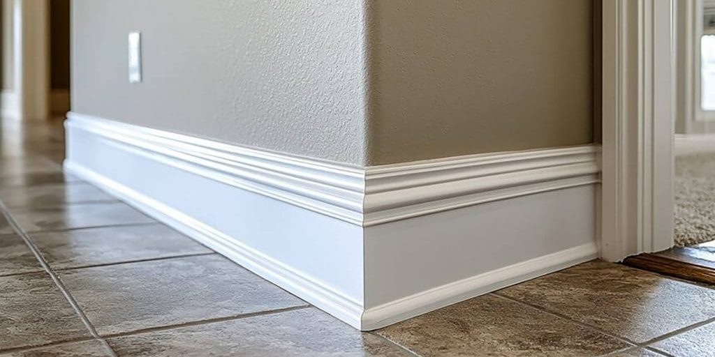 Interior wall corner and baseboard painted with a durable finish, showing how to choose interior paint finishes for high-traffic areas.