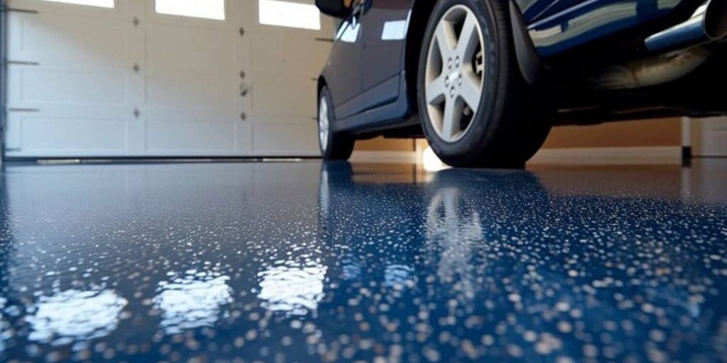 Freshly coated epoxy garage floor in a Fort Myers home with a blue chip finish and parked vehicle, showing how long epoxy garage floors last when professionally installed.
