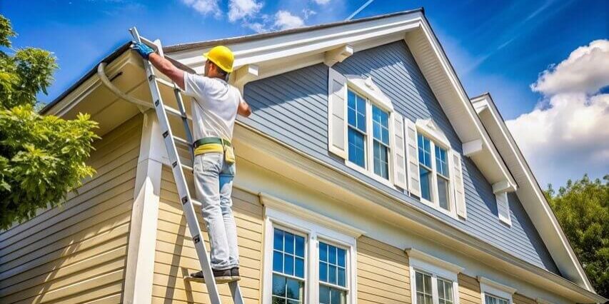 Painter on ladder working on siding to show how long does an exterior painting project take for a single-family home