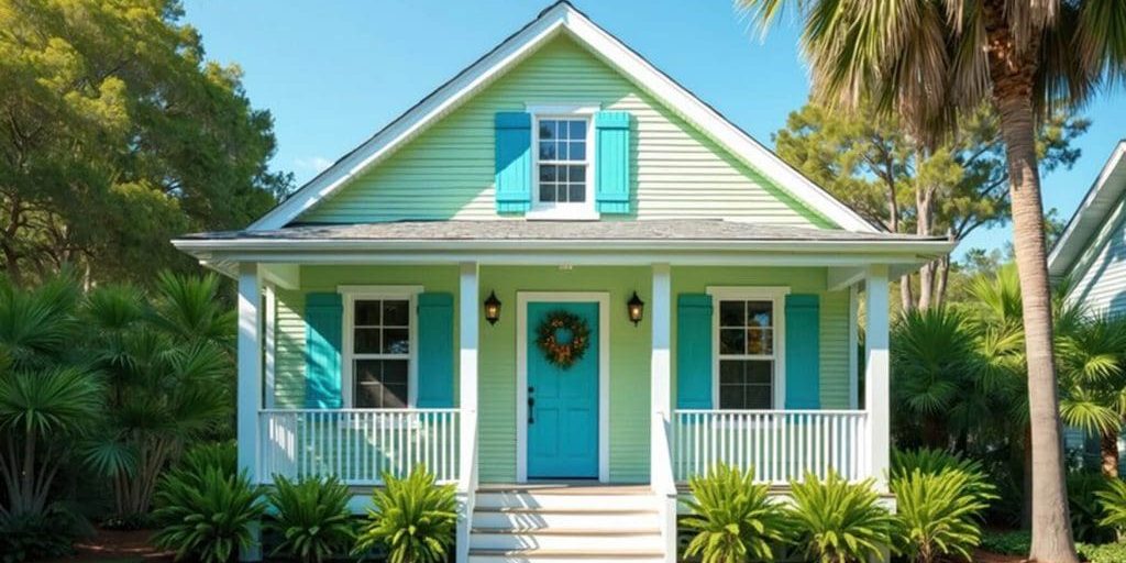 Freshly painted Florida home exterior with light green siding and teal shutters, showing the results of exterior painting in Cape Coral during favorable dry season conditions.