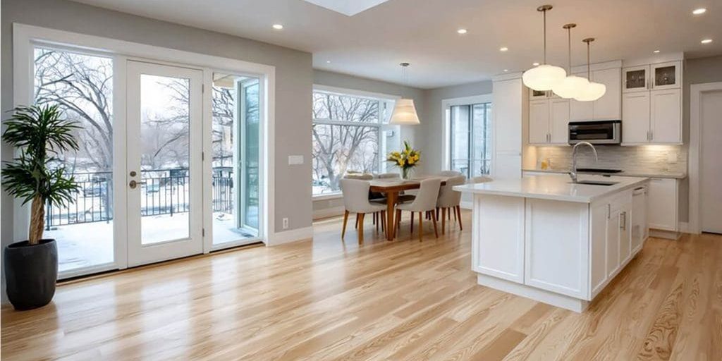 Open-concept interior with connected kitchen and dining area showing what to consider before painting an open-concept interior, including light flow and color continuity.